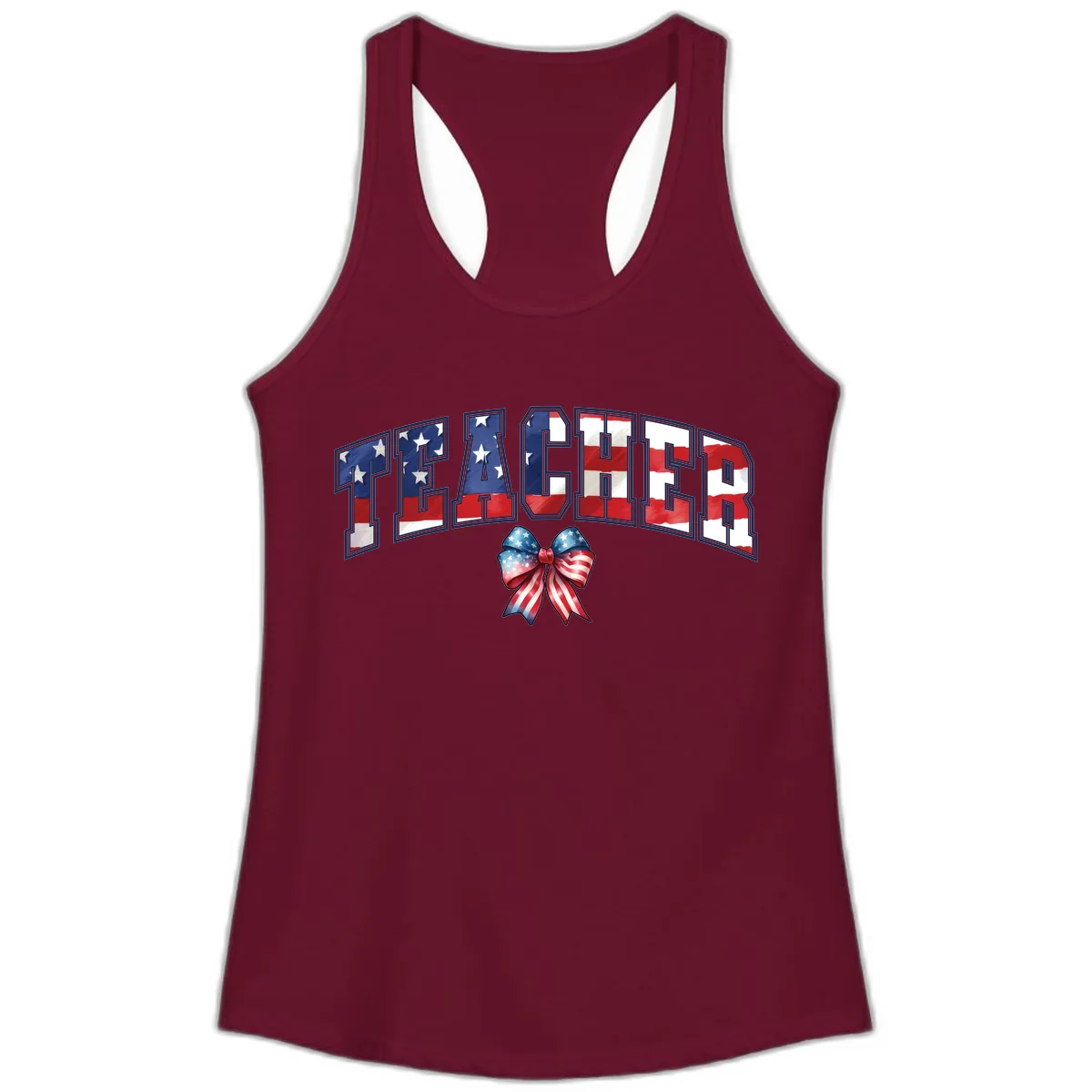 Patriotic Teacher American Flag Bow Design Ladies Tank in Solid Cardinal Red