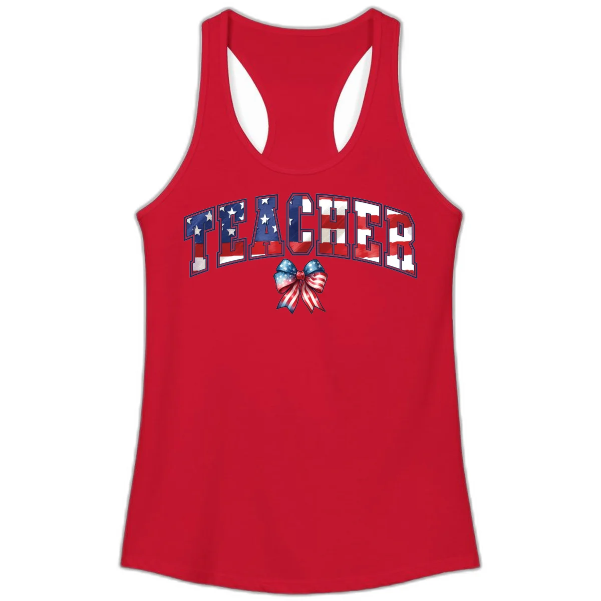 Patriotic Teacher American Flag Bow Ladies Tank in Solid Red