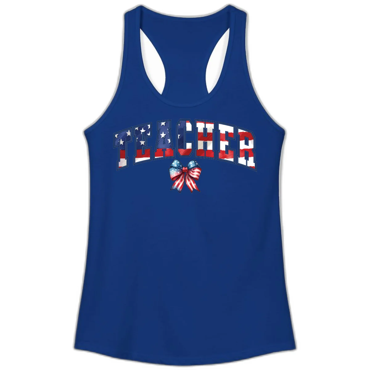 Patriotic Teacher American Flag Bow Ladies Tank in Solid Royal