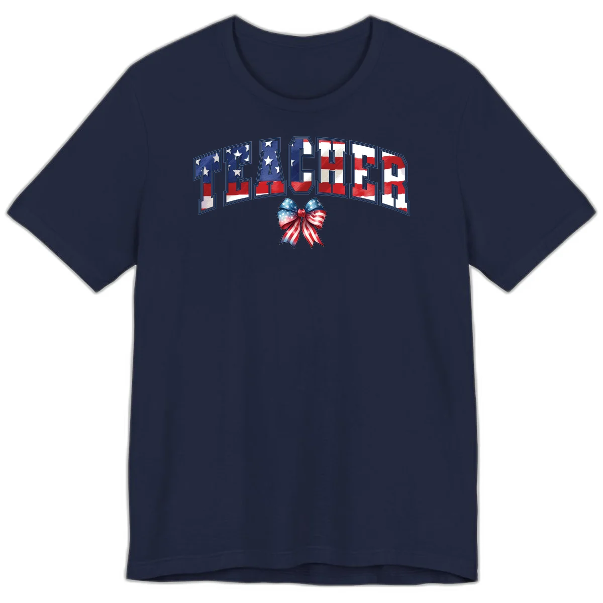 Patriotic Teacher American Flag Bow Premium T-Shirt in Navy
