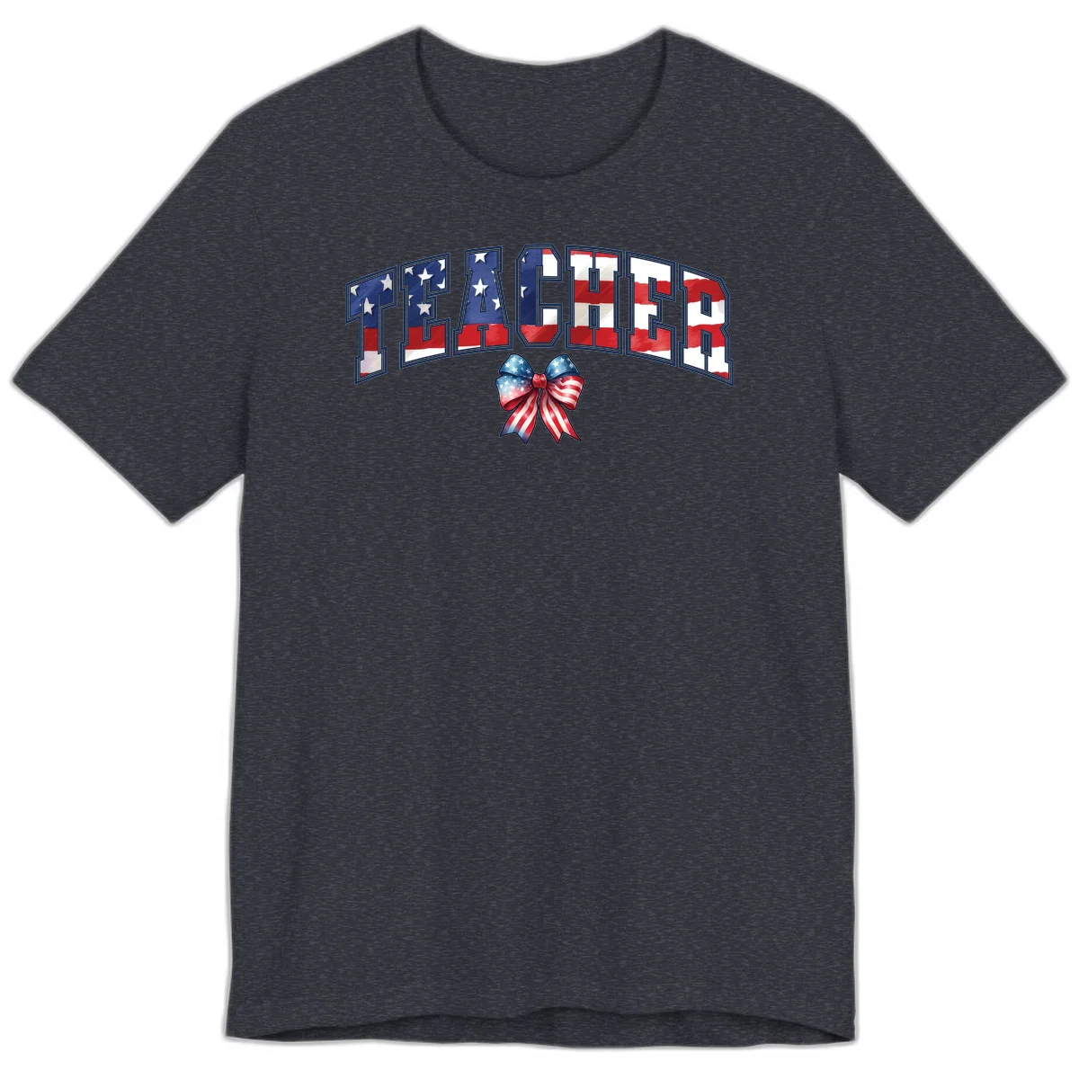 Patriotic Teacher American Flag Bow Premium T-Shirt in Heather Navy