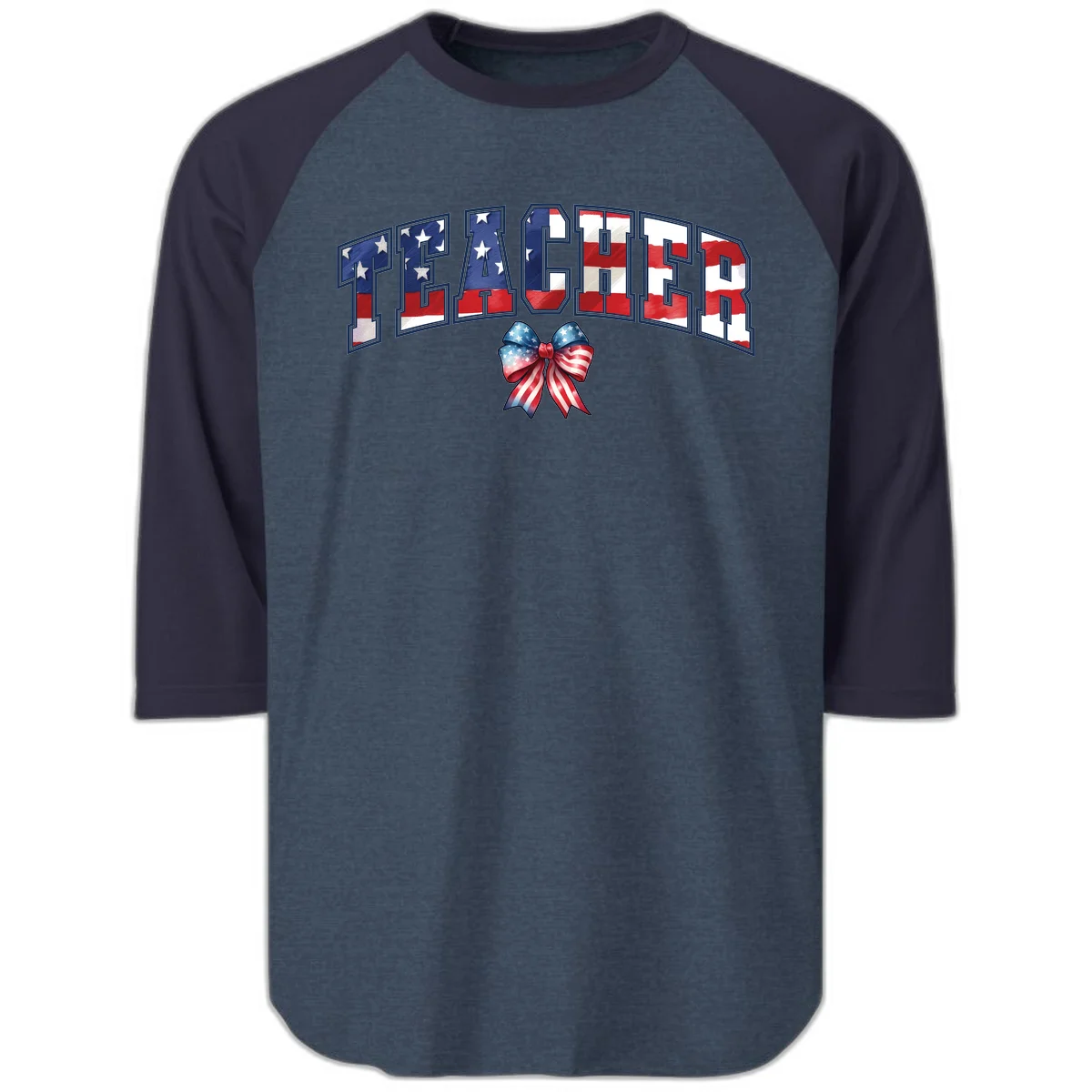 Patriotic Teacher American Flag Bow Raglan 3/4 in Heather Denim Navy