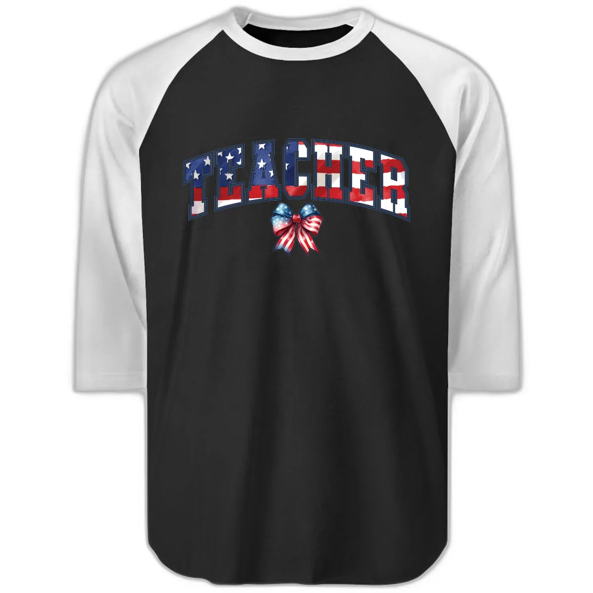 Patriotic Teacher American Flag Bow Design Raglan 3/4 in Black White