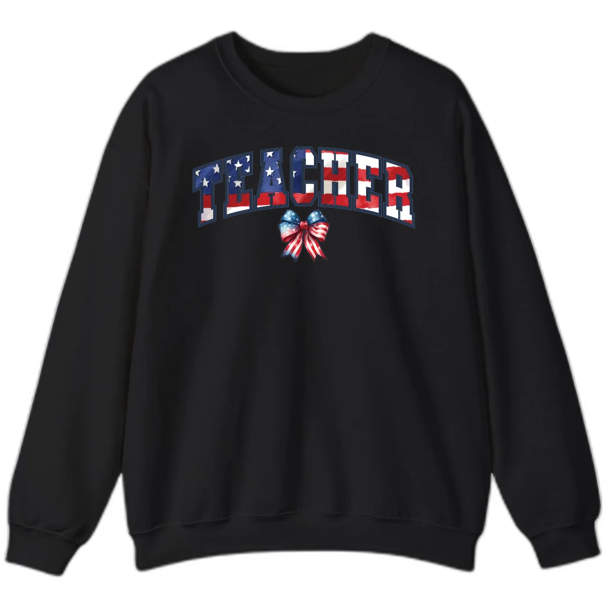 Patriotic Teacher American Flag Bow Sweatshirt in Black