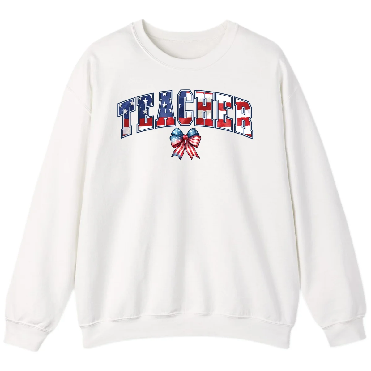 Patriotic Teacher American Flag Bow Sweatshirt in White