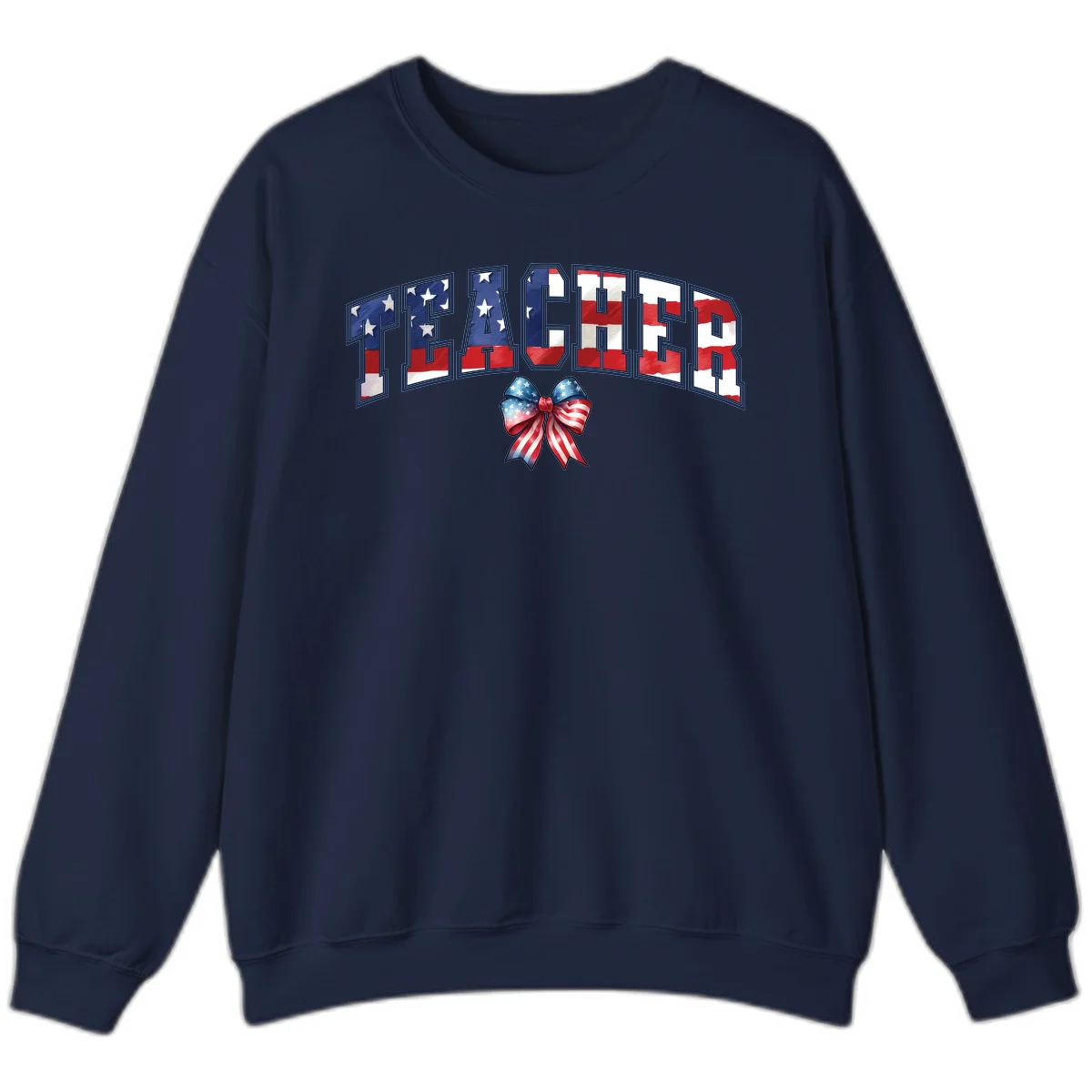 Patriotic Teacher American Flag Bow Sweatshirt in Navy