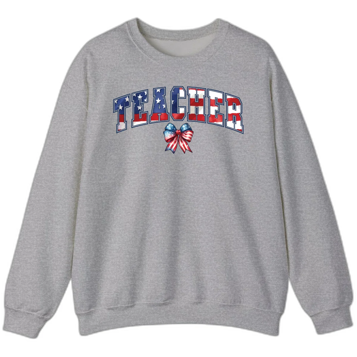 Patriotic Teacher American Flag Bow Sweatshirt in Sport Grey