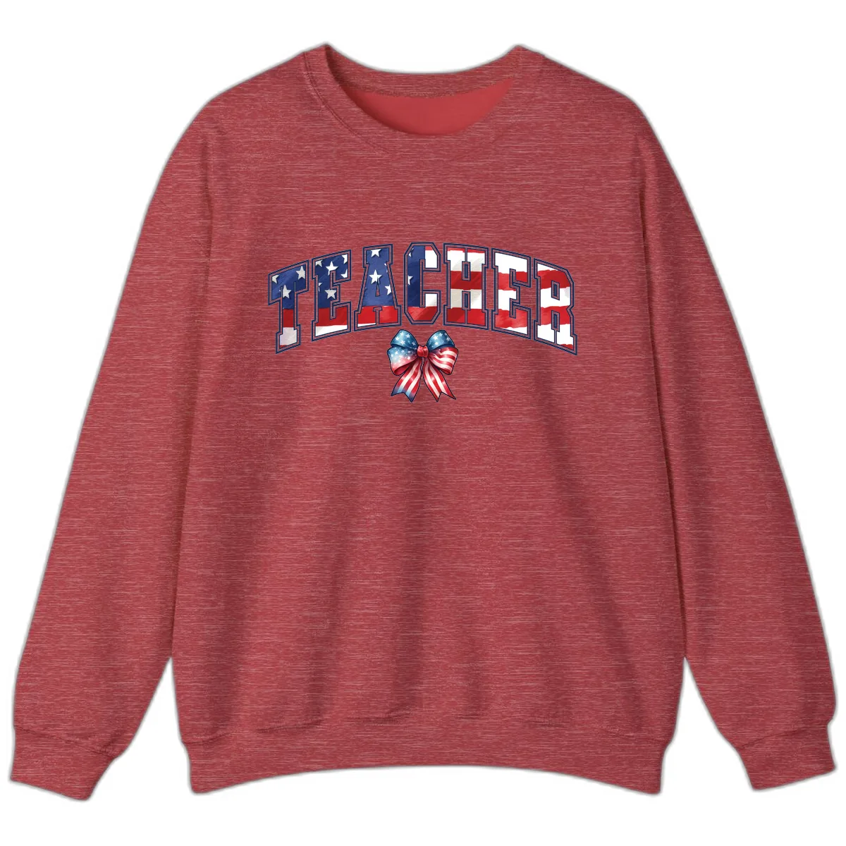 Patriotic Teacher American Flag Bow Design Sweatshirt in Heather Scarlet Red