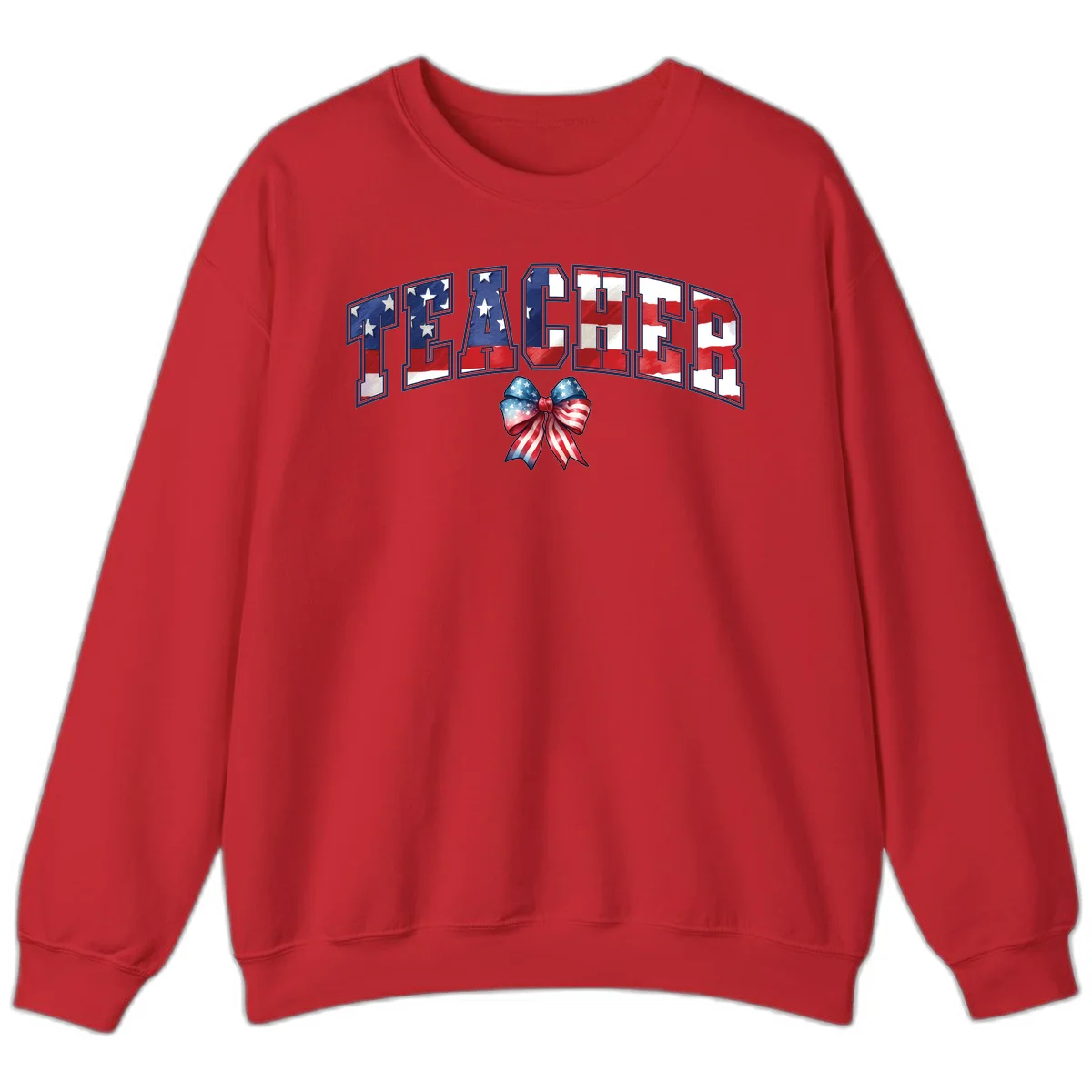 Patriotic Teacher American Flag Bow Sweatshirt in Red