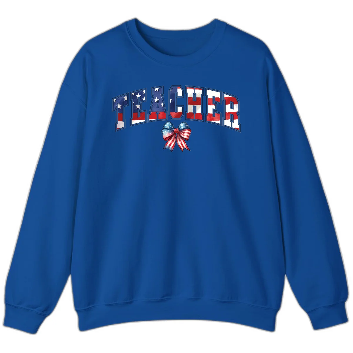 Patriotic Teacher American Flag Bow Sweatshirt in Royal