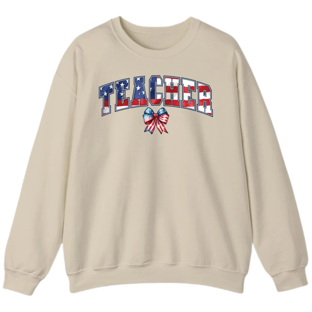 Patriotic Teacher American Flag Bow Sweatshirt in Sand