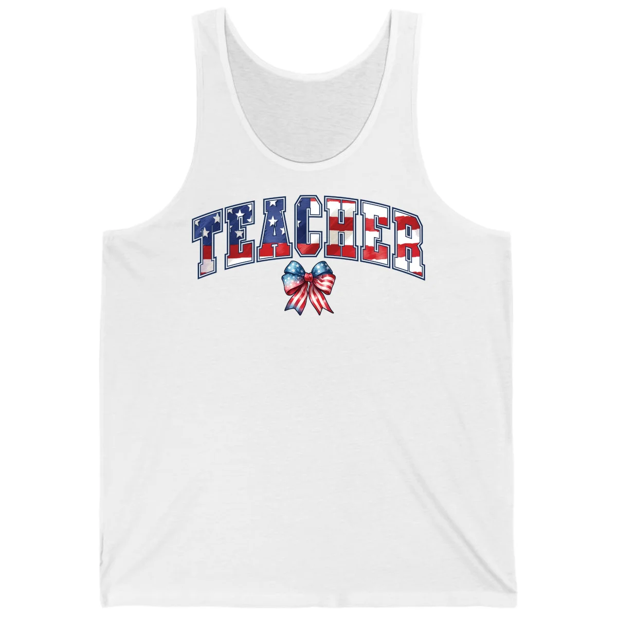 Patriotic Teacher American Flag Bow Tank in White