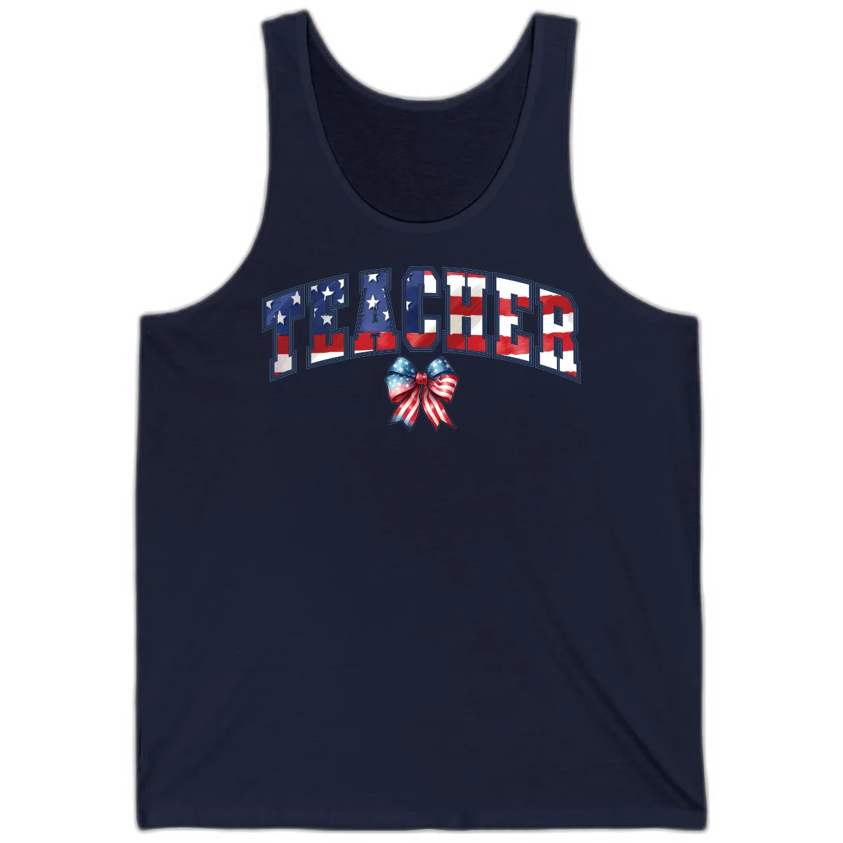 Patriotic Teacher American Flag Bow Tank in Navy