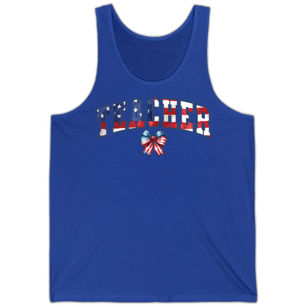 Patriotic Teacher American Flag Bow Tank in True Royal