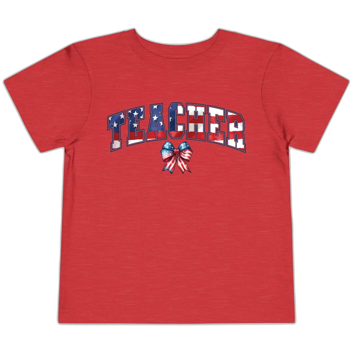 Patriotic Teacher American Flag Bow Design Toddler T-Shirt in Heather Red