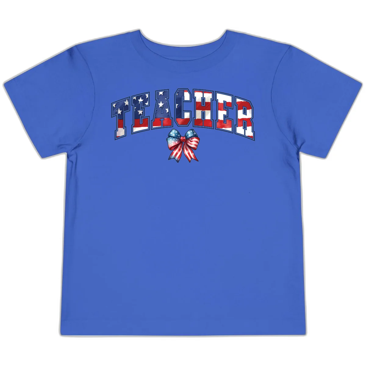 Patriotic Teacher American Flag Bow Toddler T-Shirt in True Royal