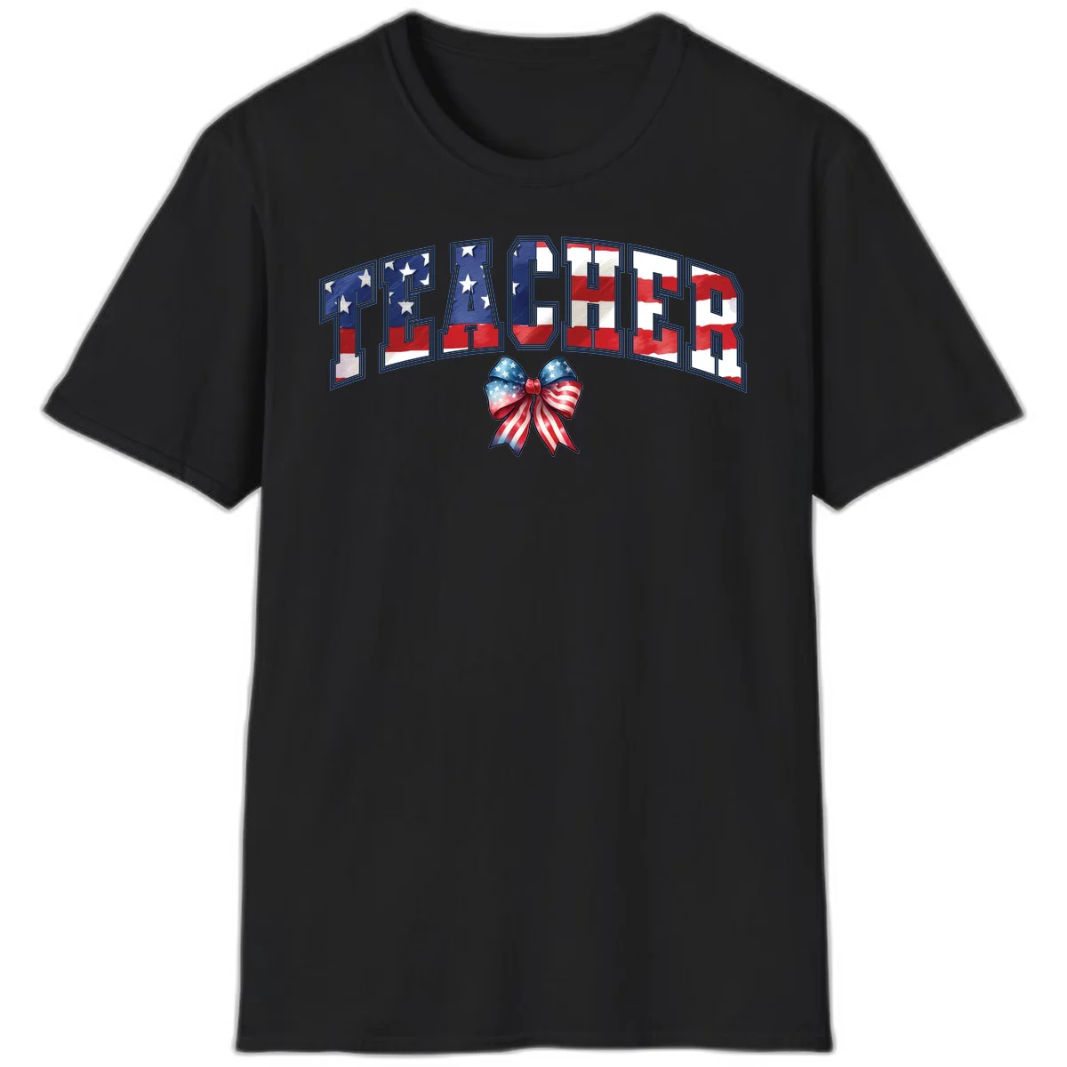 Patriotic Teacher American Flag Bow T-Shirt in Black