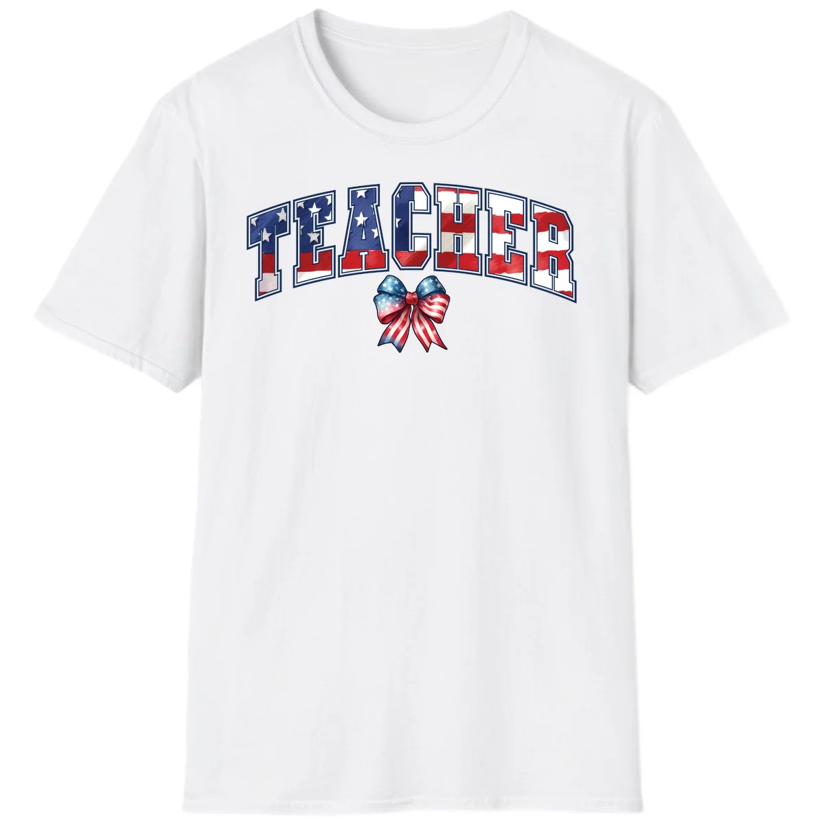 Patriotic Teacher American Flag Bow T-Shirt in White