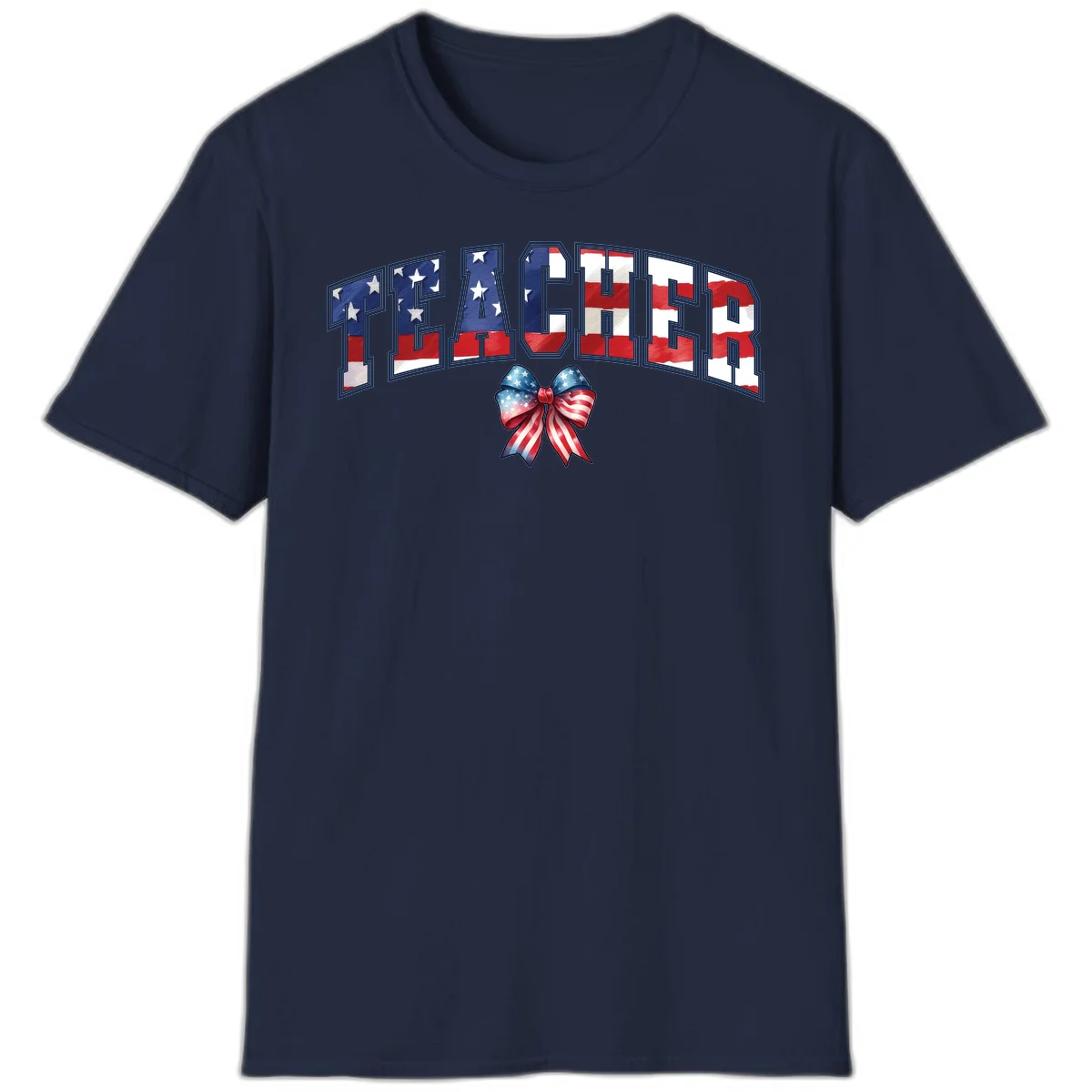 Patriotic Teacher American Flag Bow T-Shirt in Navy