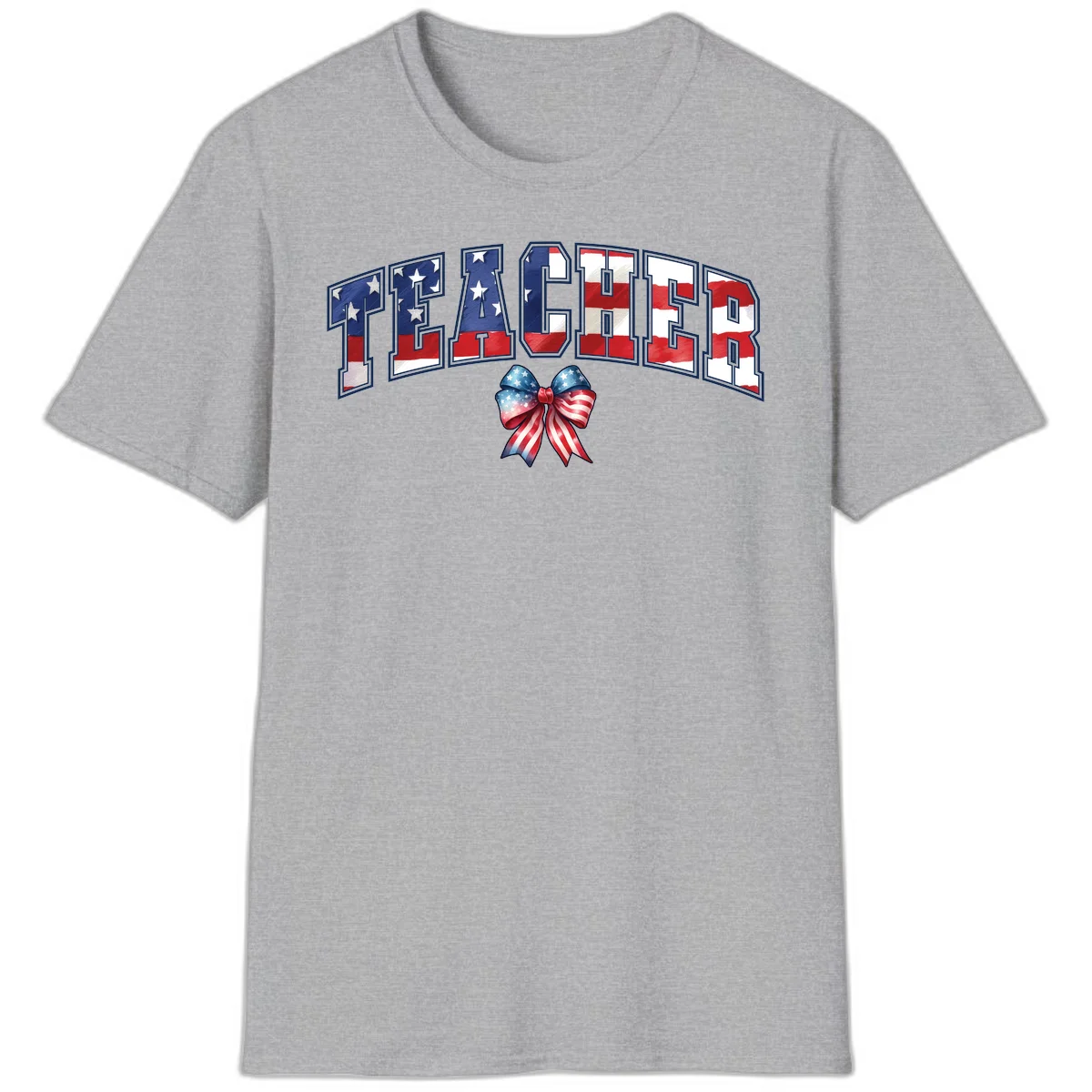 Patriotic Teacher American Flag Bow T-Shirt in Sport Grey