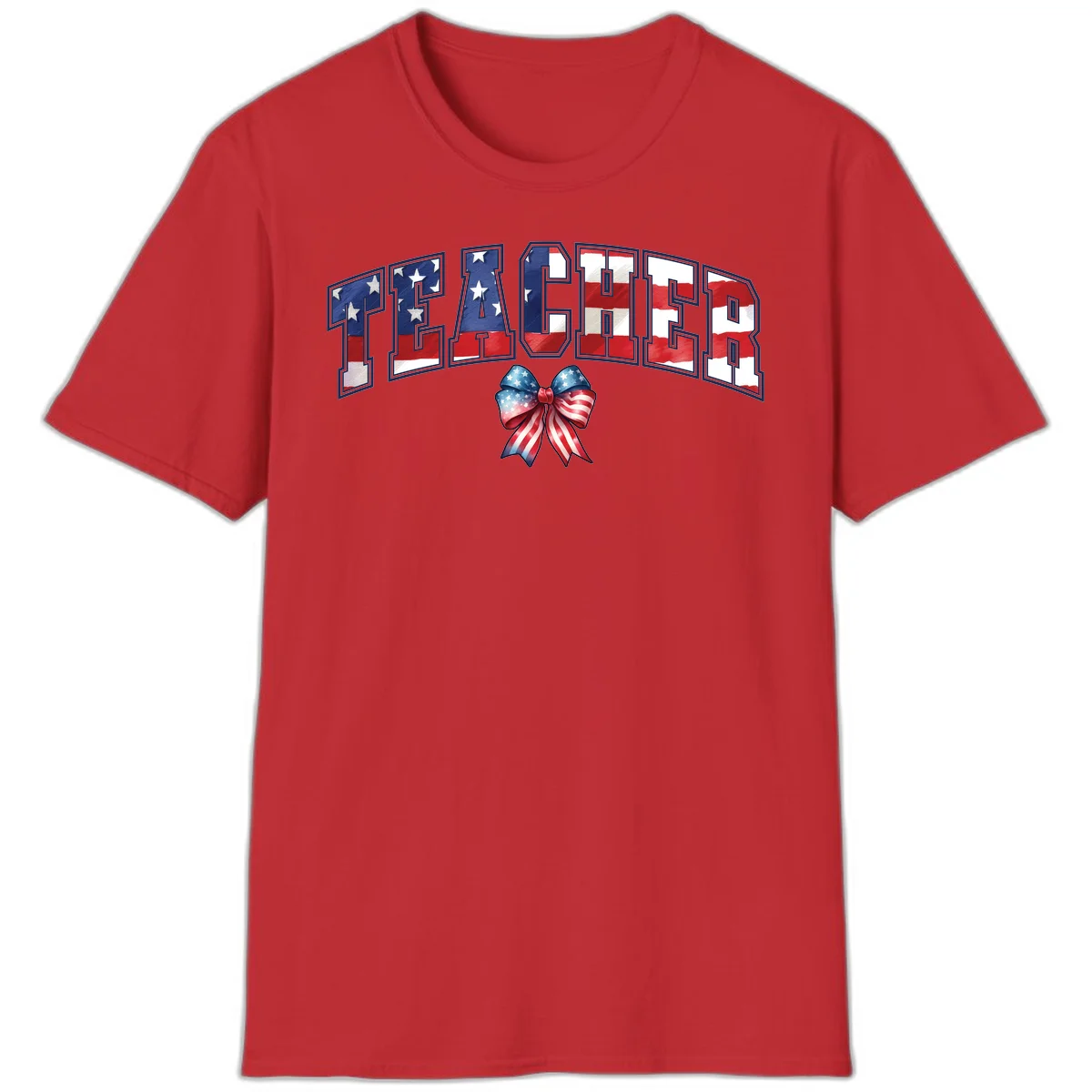 Patriotic Teacher American Flag Bow T-Shirt in Red