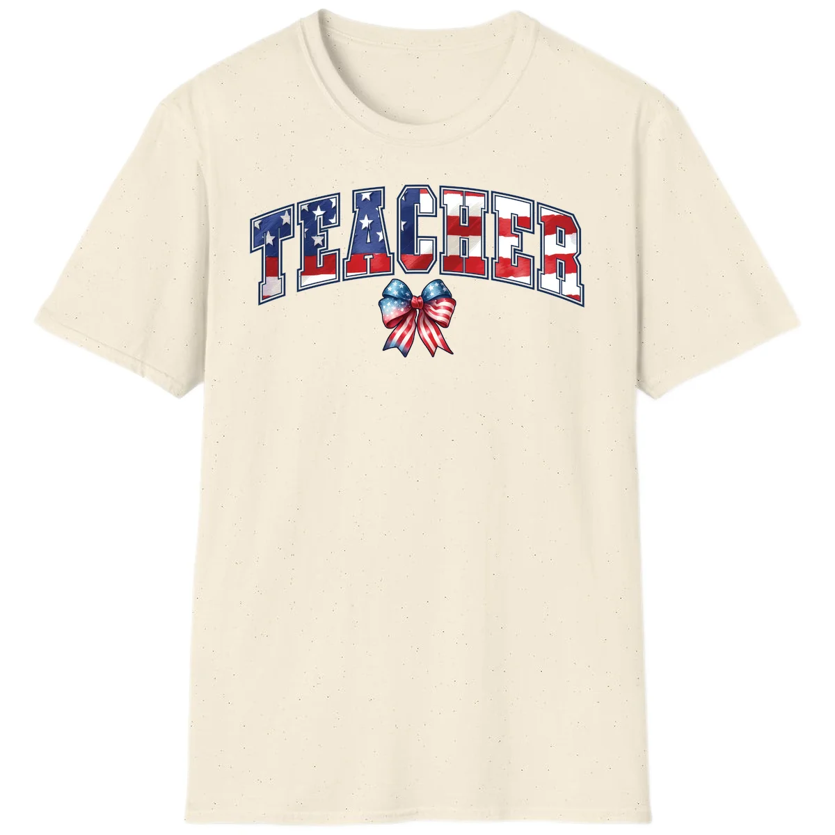 Patriotic Teacher American Flag Bow T-Shirt in Natural