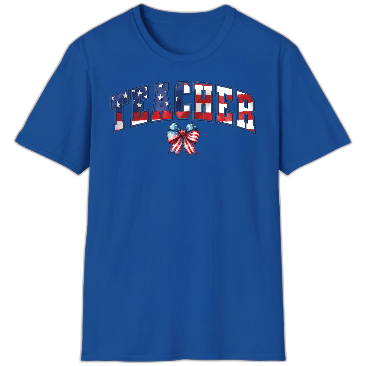 Patriotic Teacher American Flag Bow T-Shirt in Royal