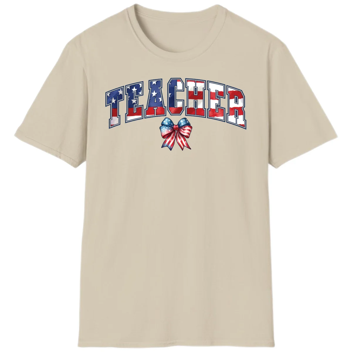 Patriotic Teacher American Flag Bow T-Shirt in Sand