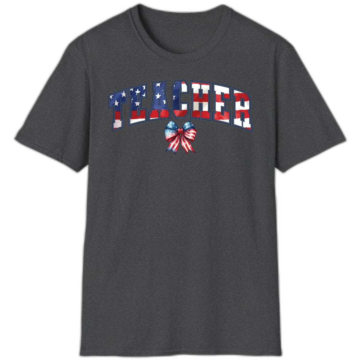 Patriotic Teacher American Flag Bow T-Shirt in Dark Heather