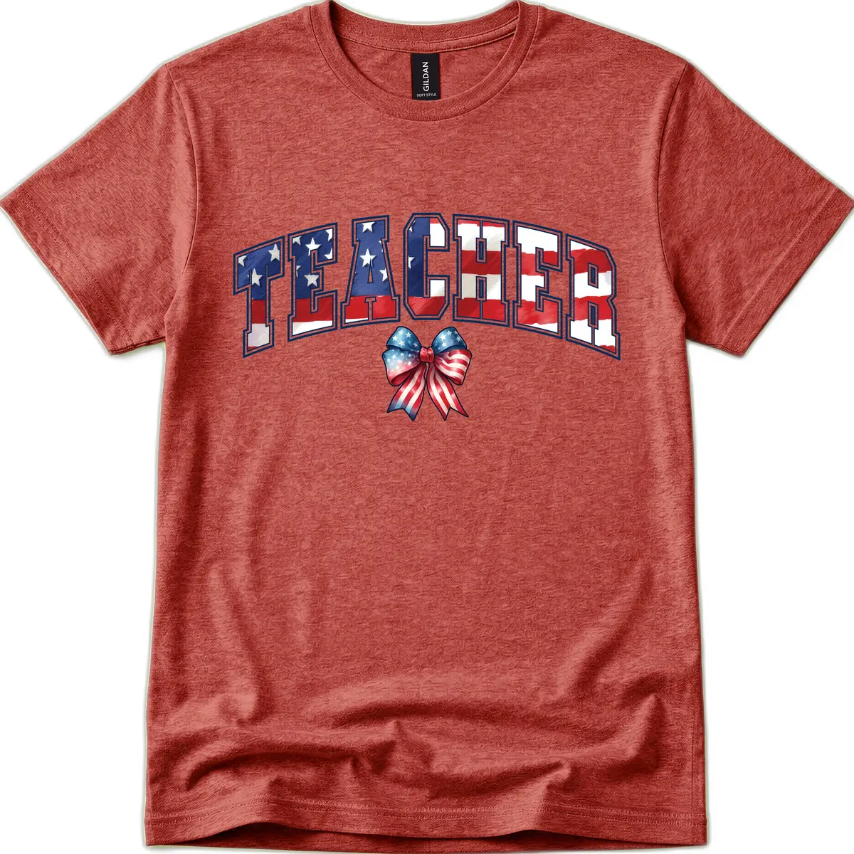 Patriotic Teacher American Flag Bow Design T-Shirt in Heather Cardinal