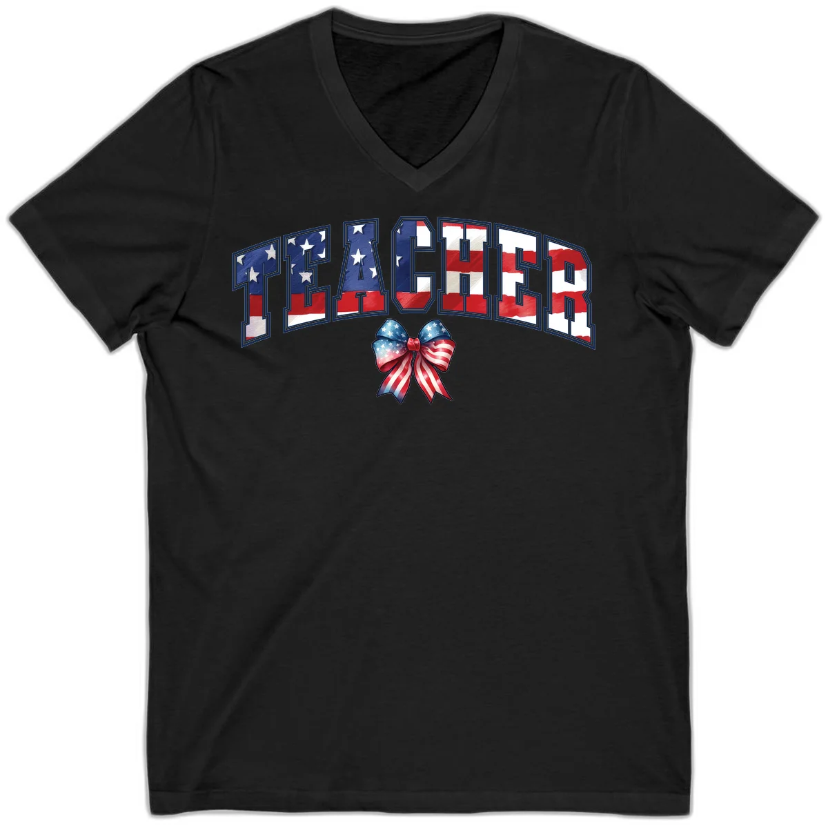Patriotic Teacher American Flag Bow V-Neck in Black