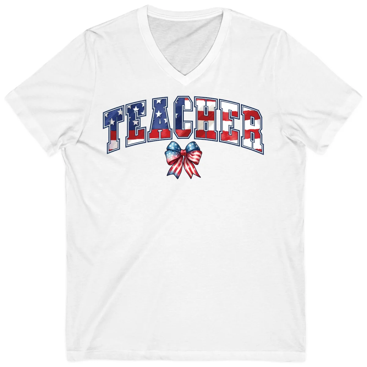 Patriotic Teacher American Flag Bow V-Neck in White
