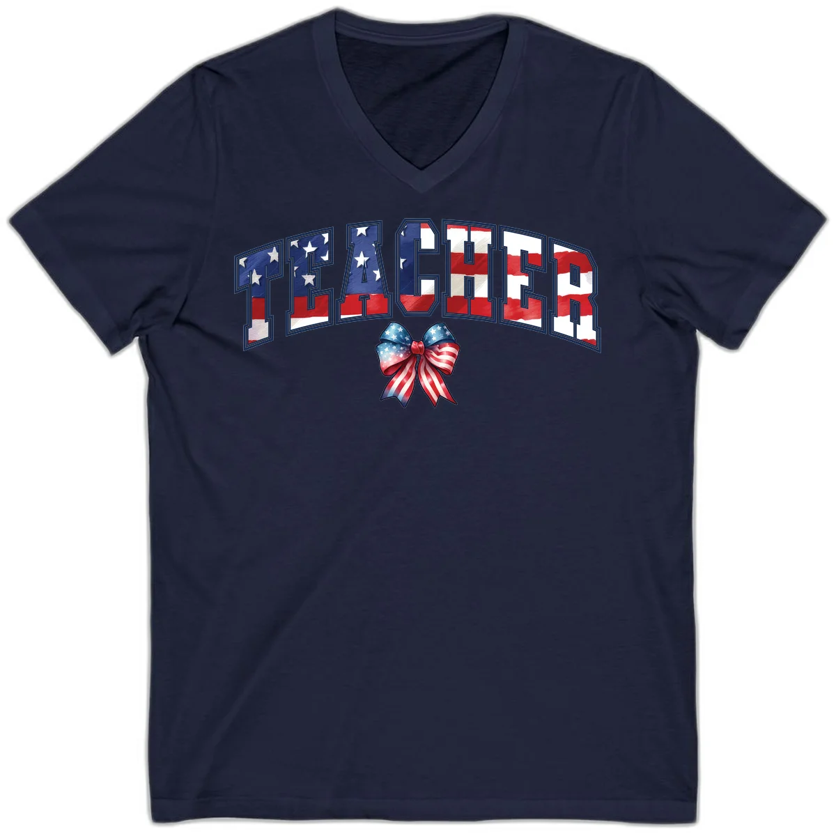 Patriotic Teacher American Flag Bow V-Neck in Navy