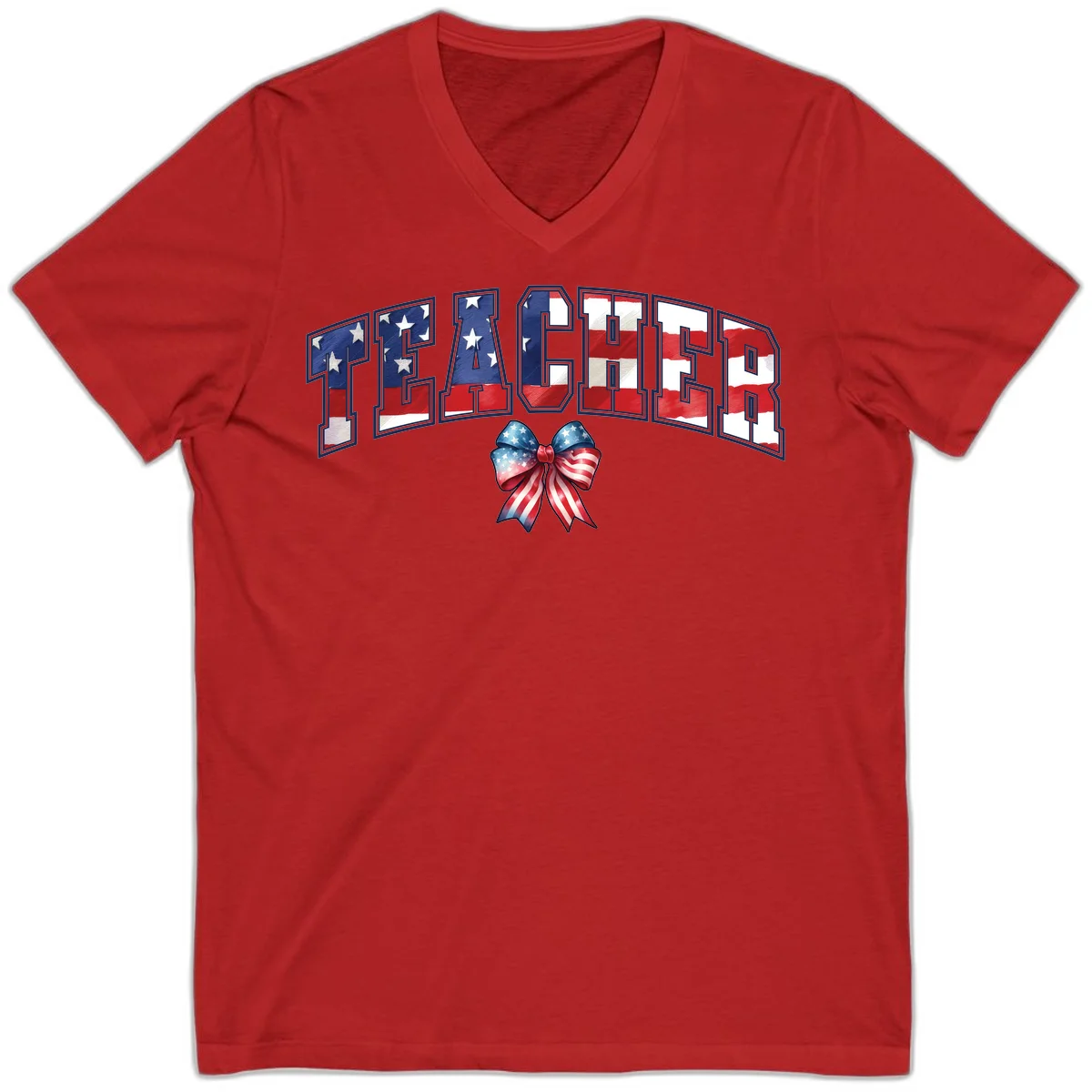 Patriotic Teacher American Flag Bow V-Neck in Red