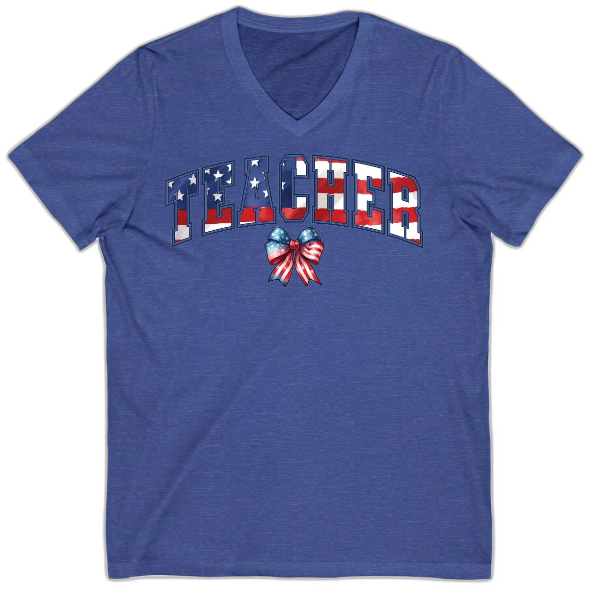 Patriotic Teacher American Flag Bow V-Neck in Heather True Royal
