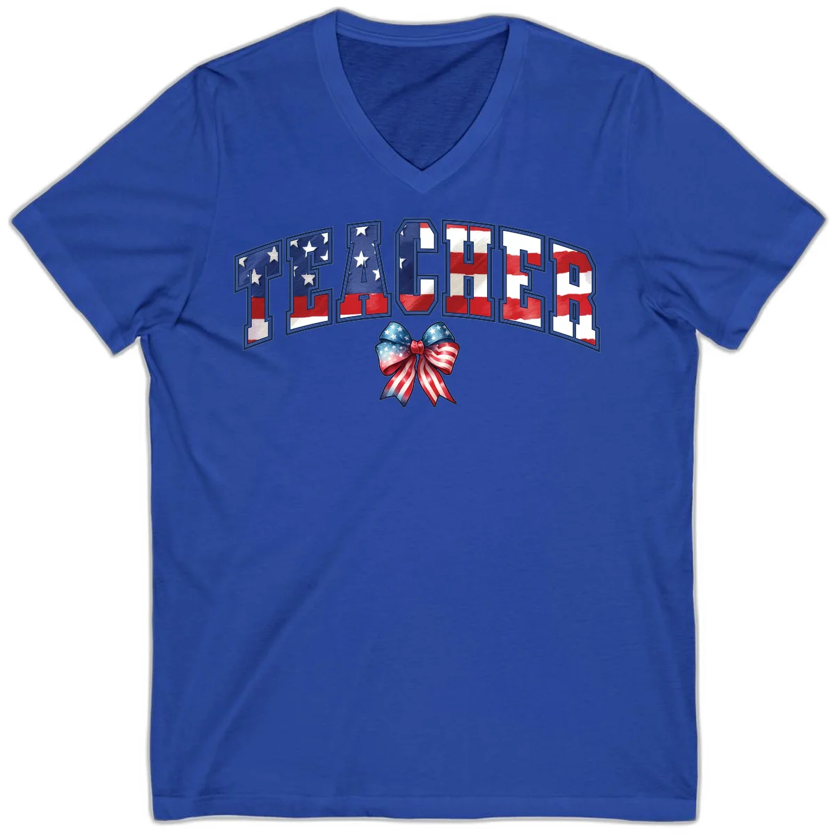Patriotic Teacher American Flag Bow V-Neck in True Royal