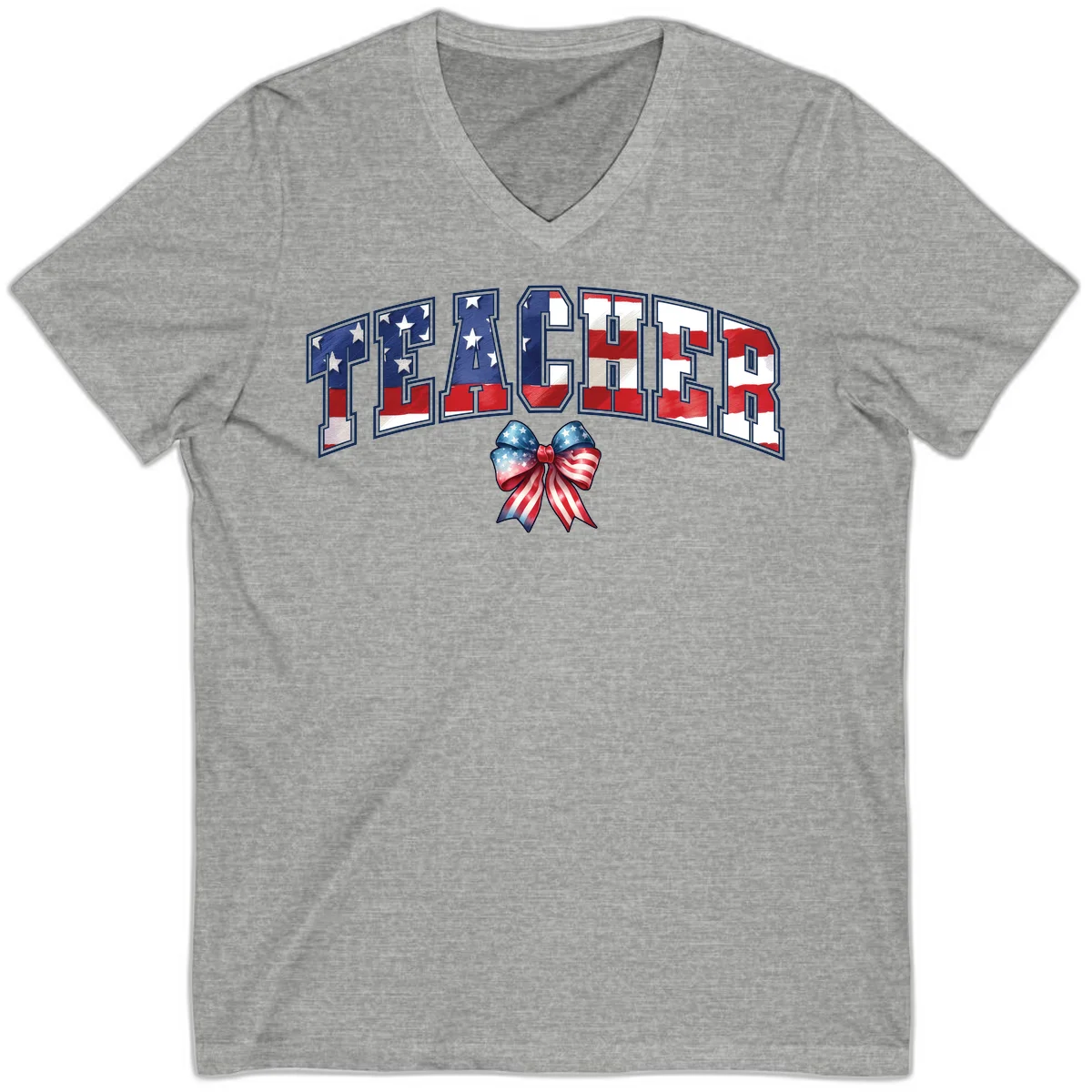 Patriotic Teacher American Flag Bow V-Neck in Athletic Heather