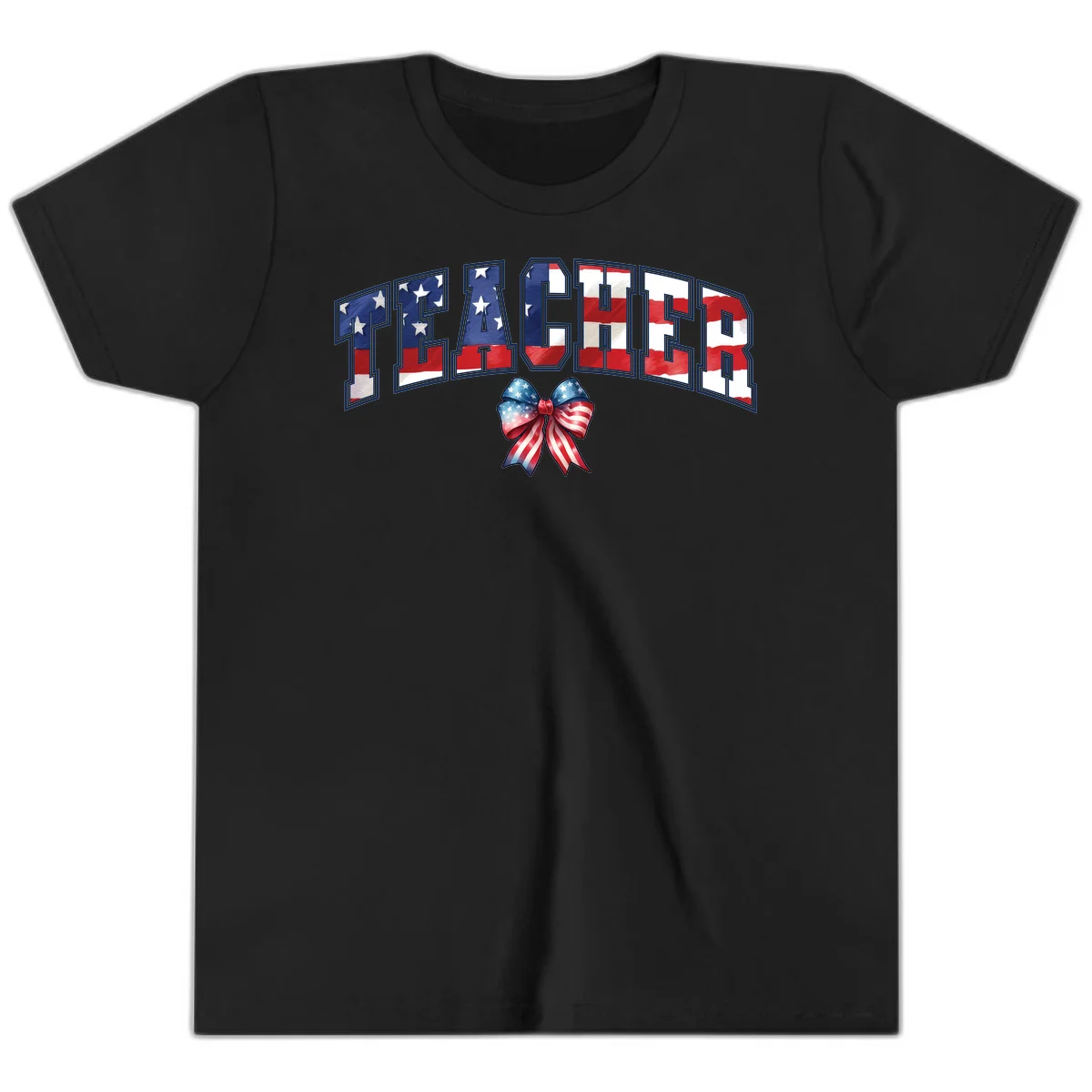 Patriotic Teacher American Flag Bow Youth T-Shirt in Black