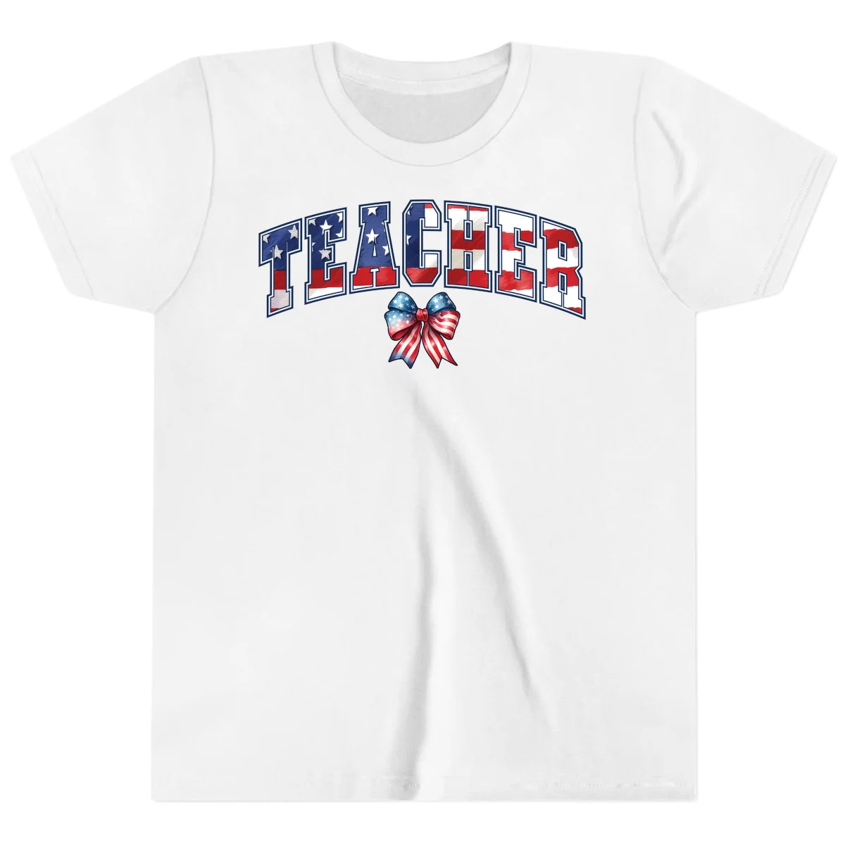 Patriotic Teacher American Flag Bow Youth T-Shirt in White