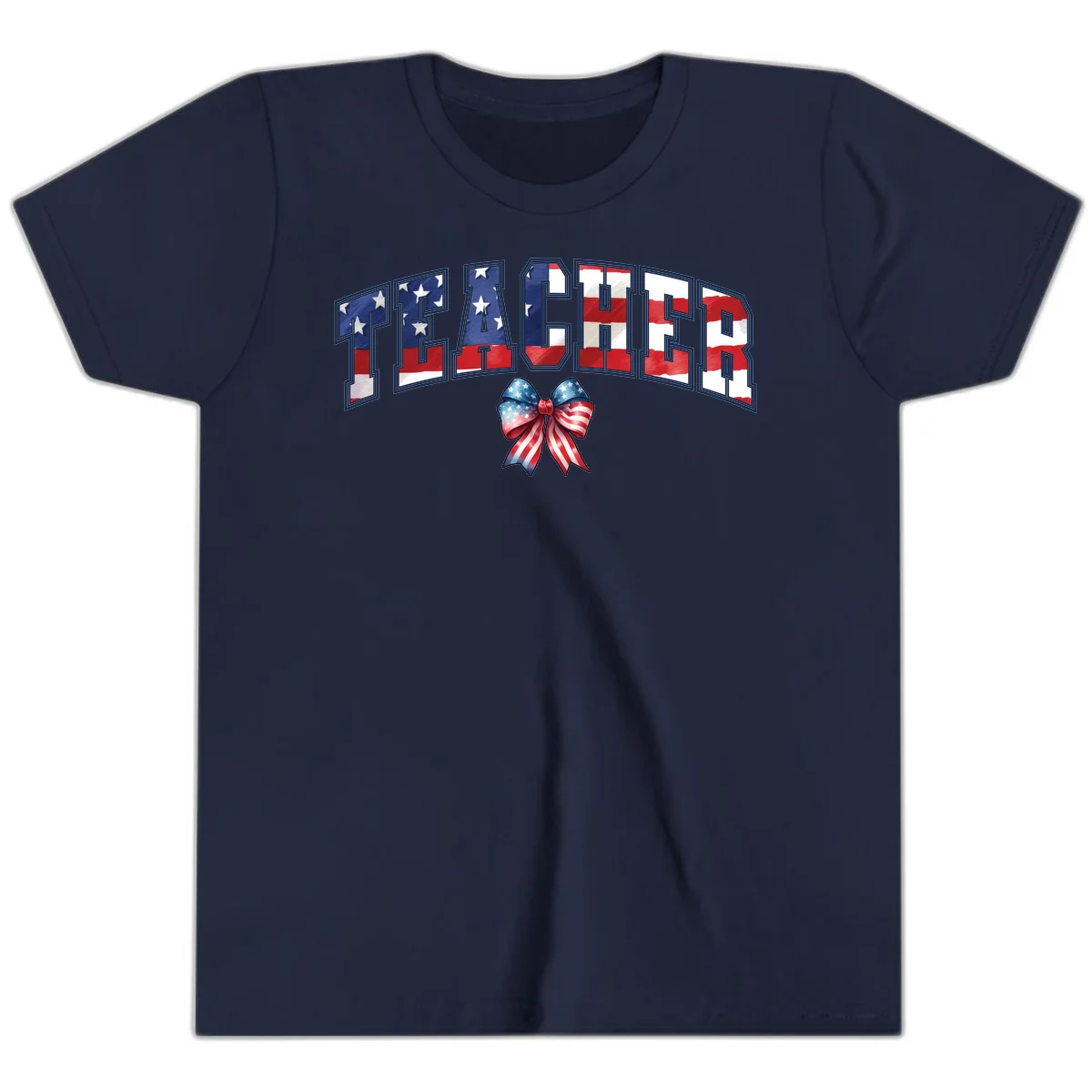 Patriotic Teacher American Flag Bow Youth T-Shirt in Navy