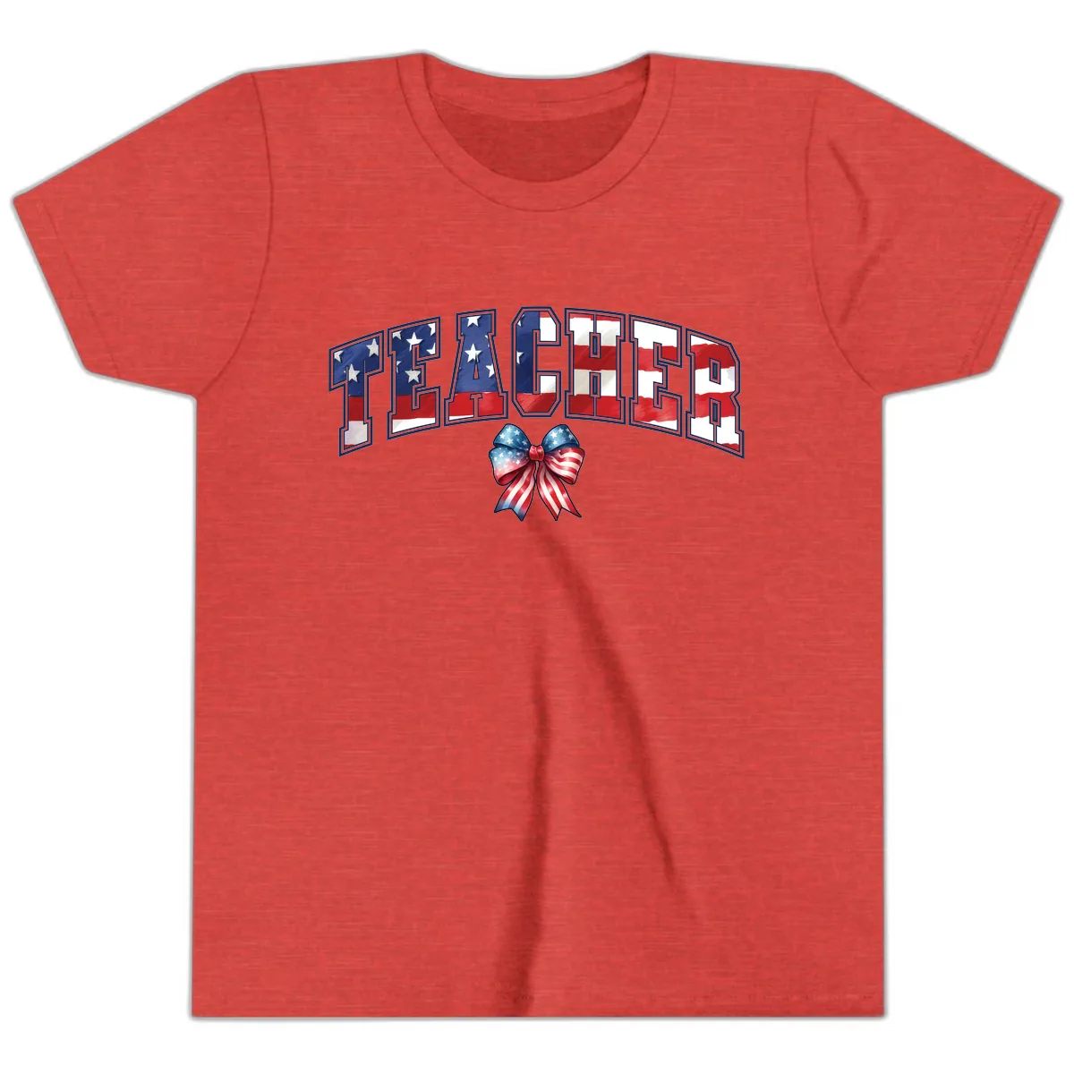 Patriotic Teacher American Flag Bow Design Youth T-Shirt in Heather Red