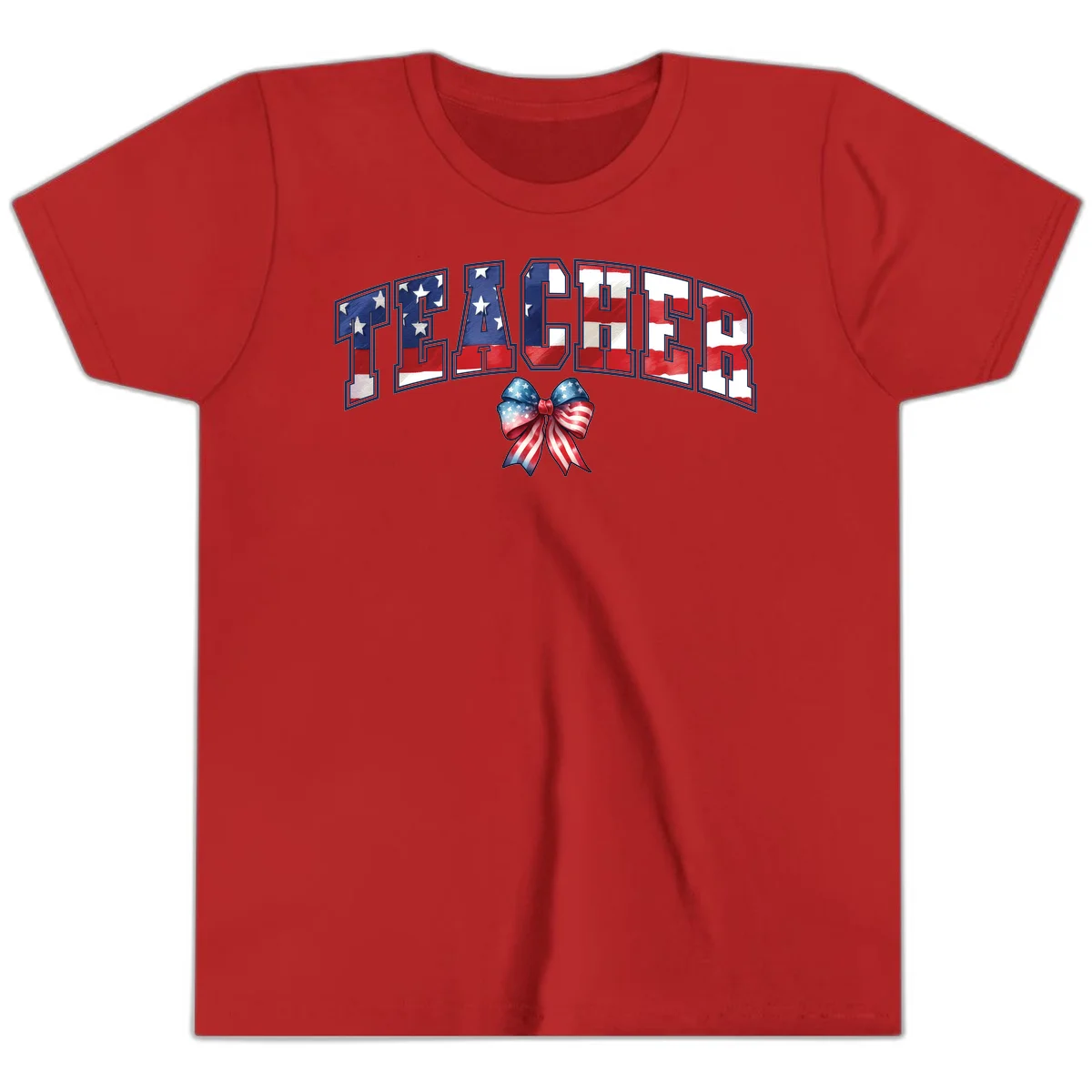 Patriotic Teacher American Flag Bow Youth T-Shirt in Red