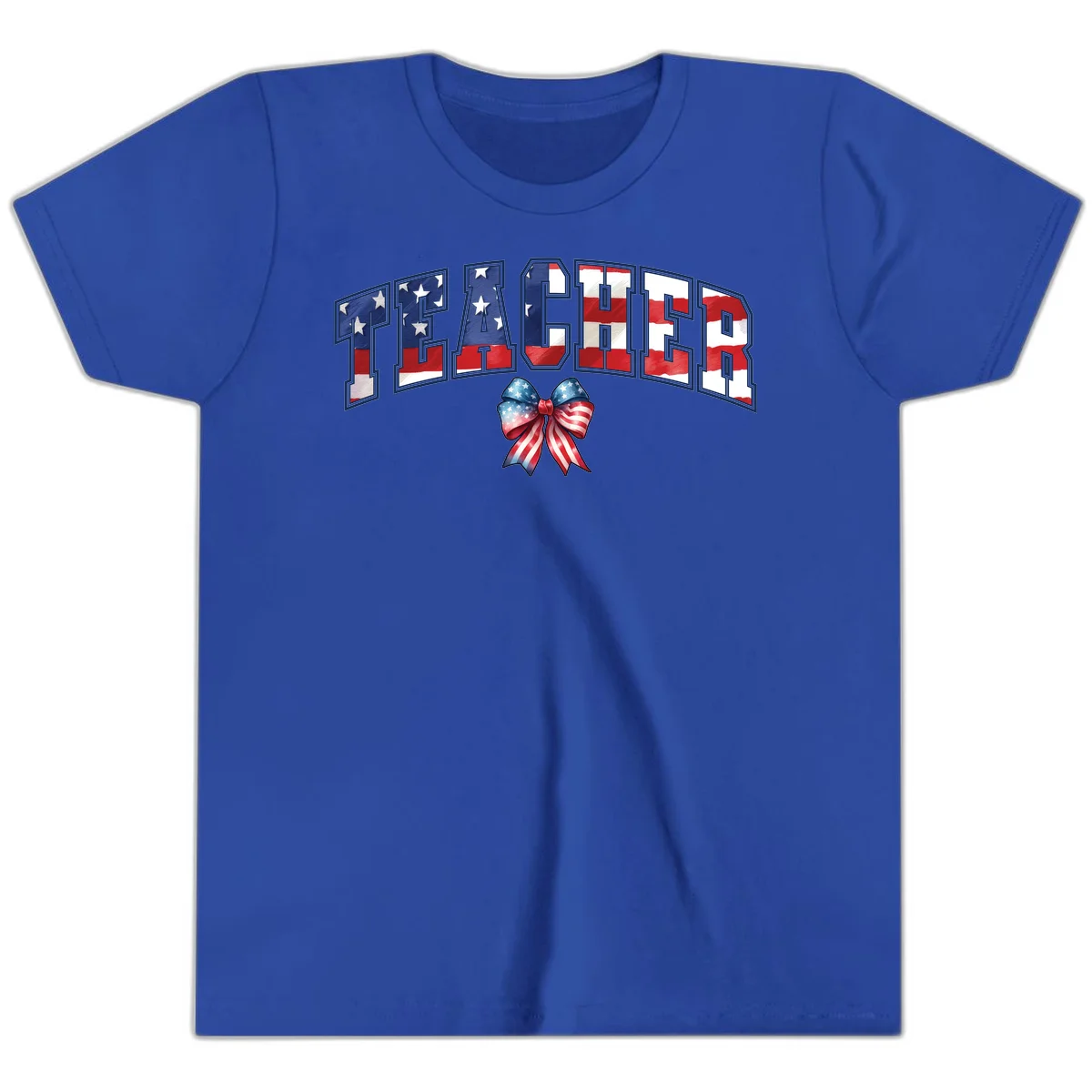 Patriotic Teacher American Flag Bow Youth T-Shirt in True Royal