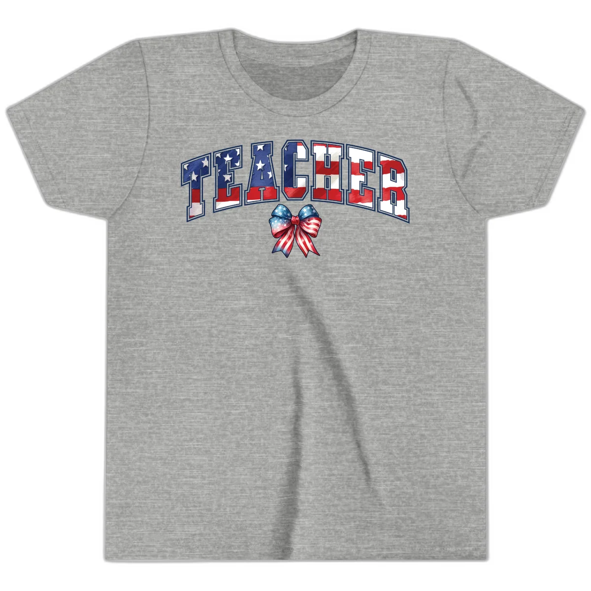 Patriotic Teacher American Flag Bow Youth T-Shirt in Athletic Heather