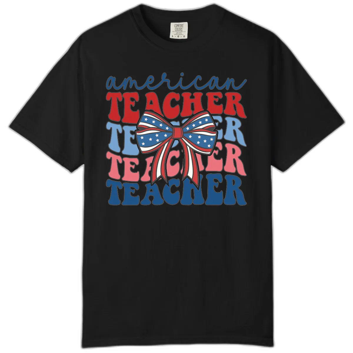American Teacher Patriotic Bow Design Comfort Color in Black