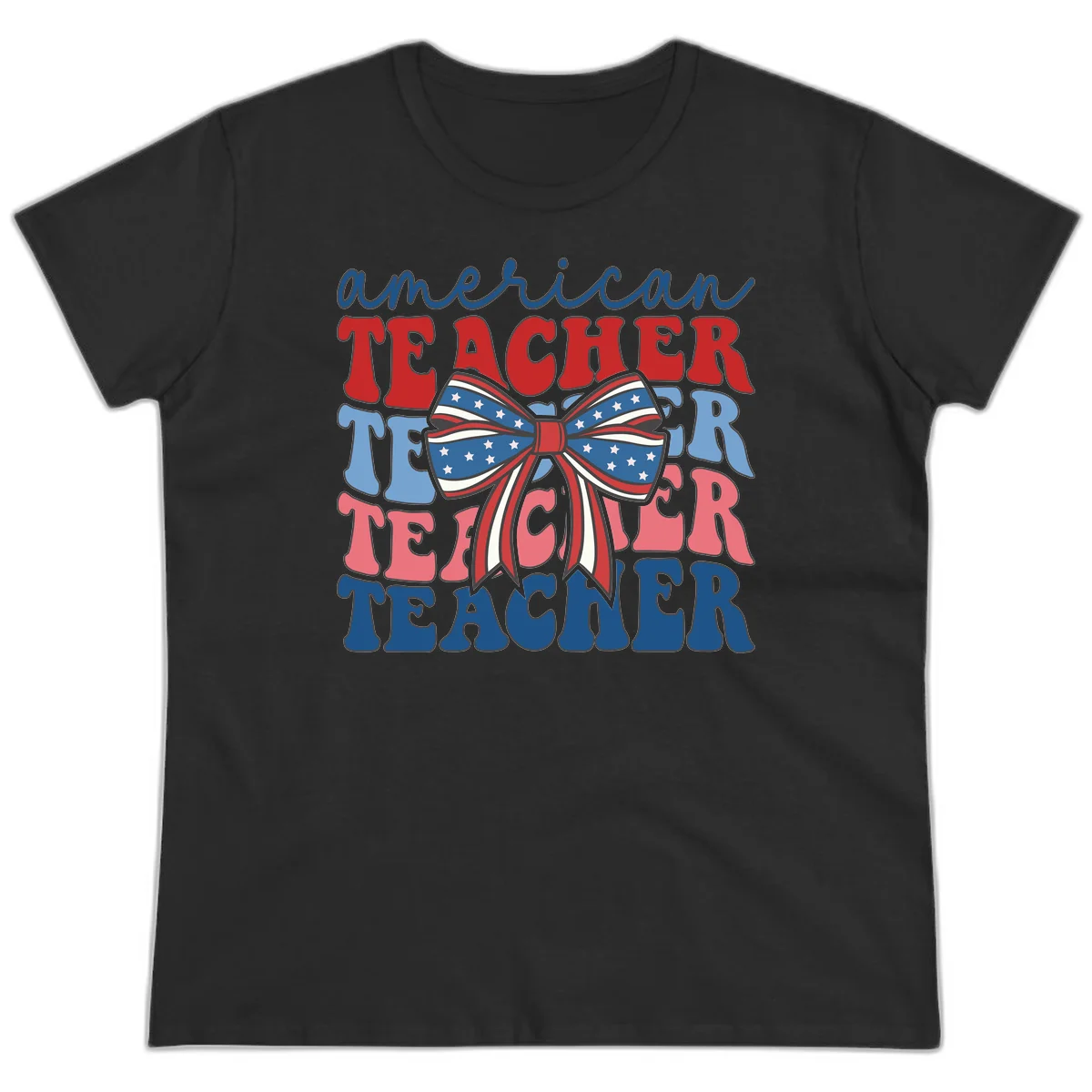 American Teacher Patriotic Bow Ladies Tee in Black