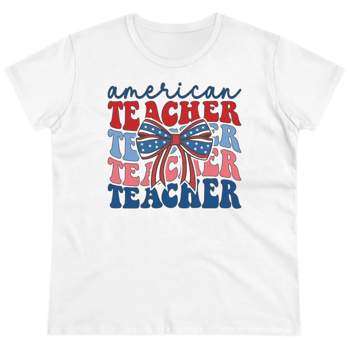 American Teacher Patriotic Bow Ladies Tee in White