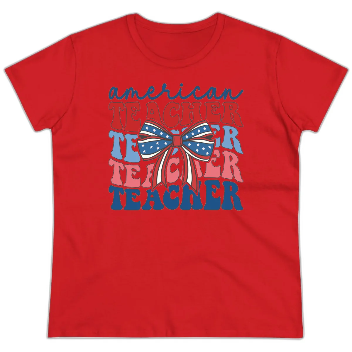 American Teacher Patriotic Bow Ladies Tee in Red