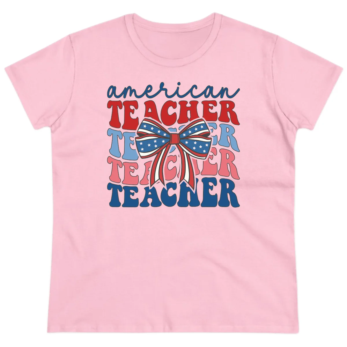 American Teacher Patriotic Bow Ladies Tee in Light Pink
