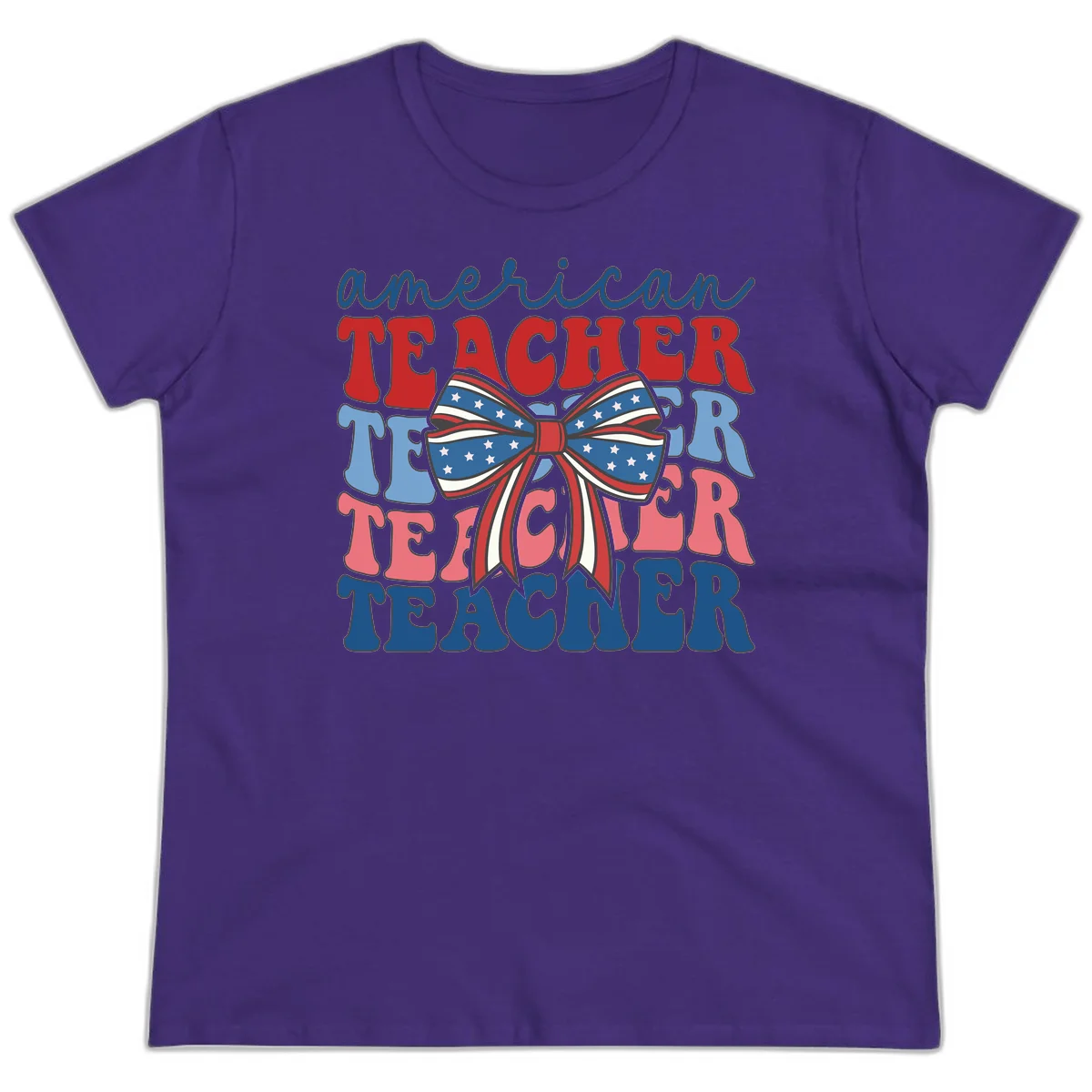 American Teacher Patriotic Bow Ladies Tee in Purple